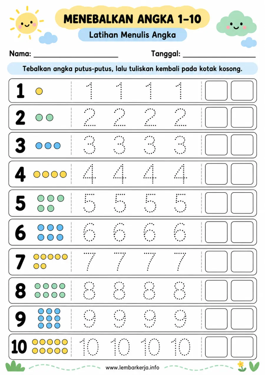 Preview Menebalkan Angka 1 Sampai 10 Latihan Menulis Angka