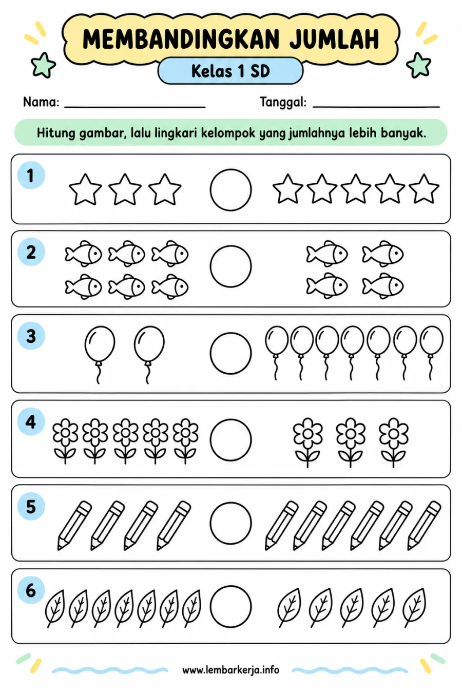 Membandingkan Jumlah Benda Lebih Banyak - Lembar Kerja SD Hitung & Berhitung