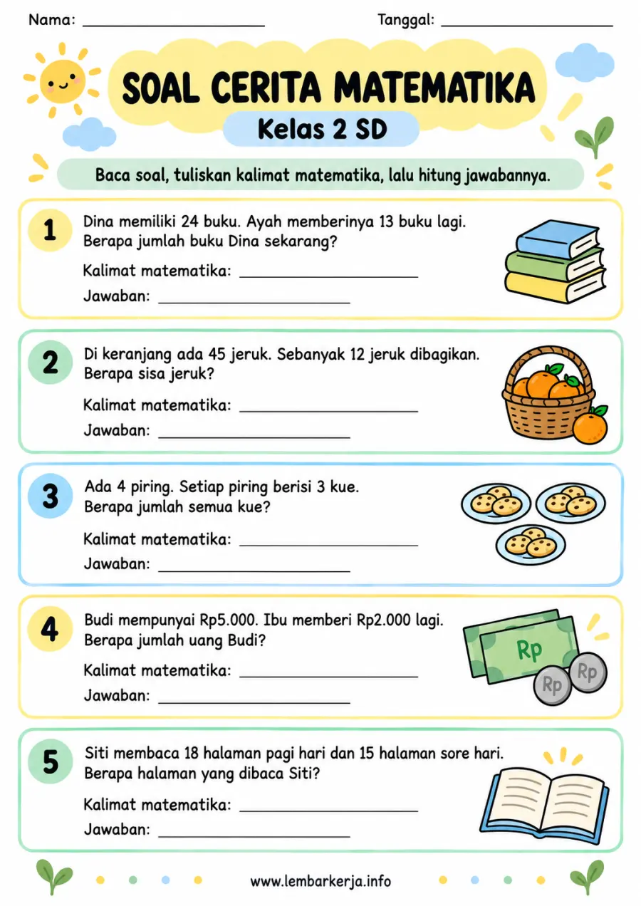 Soal Cerita Matematika Penjumlahan dan Pengurangan - Lembar Kerja SD Hitung & Berhitung