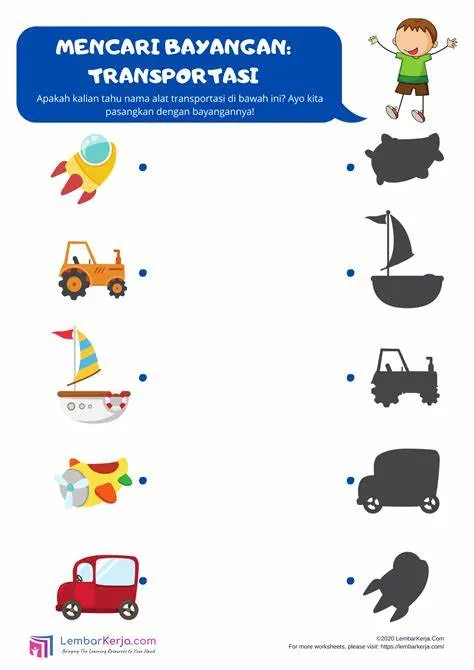 Mencari Bayangan Alat Transportasi Umum dan Pribadi - Lembar Kerja TK Menghubungkan (Matching)