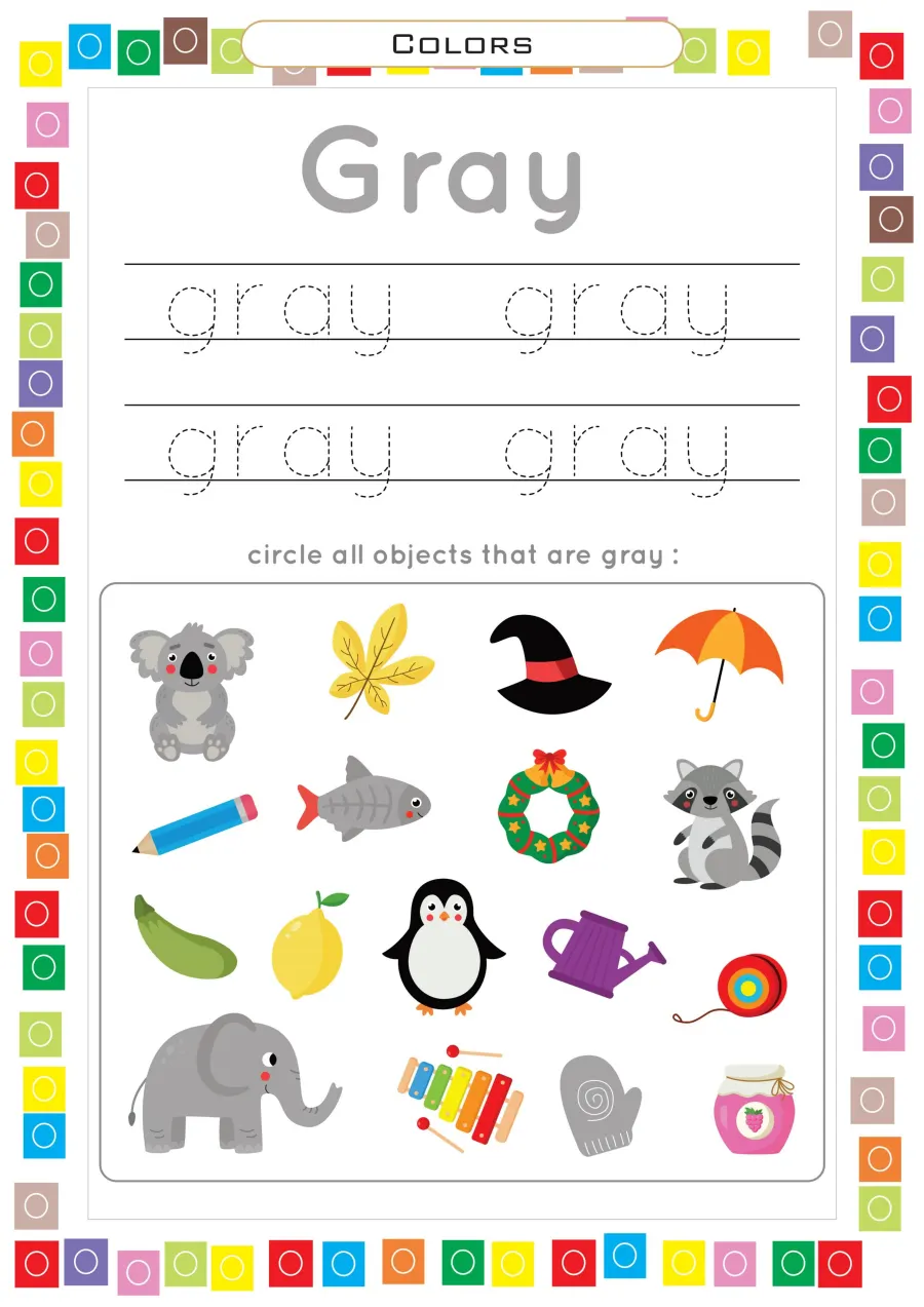 Preview Lembar Kerja PAUD: Mengenal Warna Abu Abu Gray Tracing Kata dan Melingkari Benda