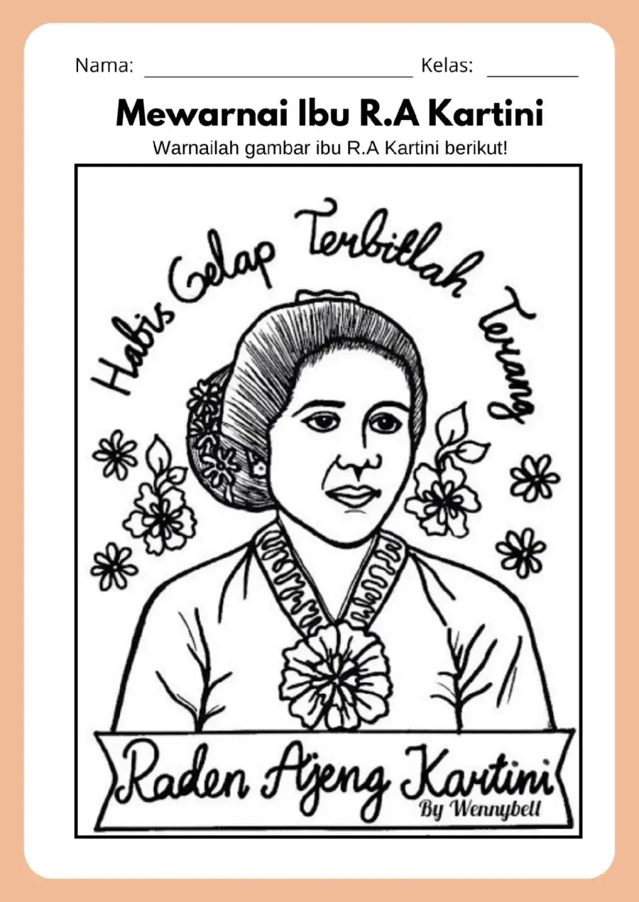 Mewarnai Tokoh Pahlawan Nasional Ibu Ra Kartini Desain 1 - Lembar Kerja SD Mewarnai & Gambar