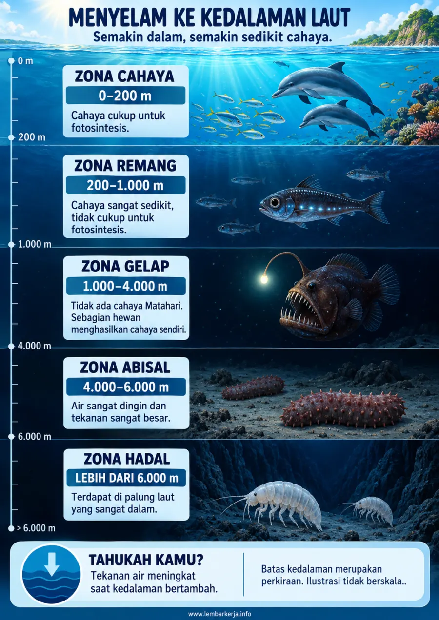 Menyelam ke Kedalaman Laut Zona Cahaya dan Kedalaman - Poster / Infografis Umum Diagram & Skema