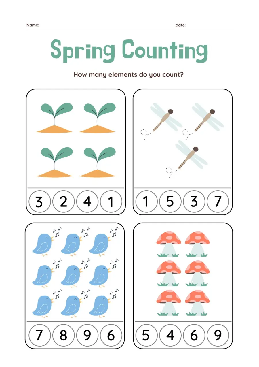 Lembar Kerja PAUD: Menghitung Objek Bertema Musim Semi Spring Counting - Lembar Kerja PAUD Hitung & Berhitung