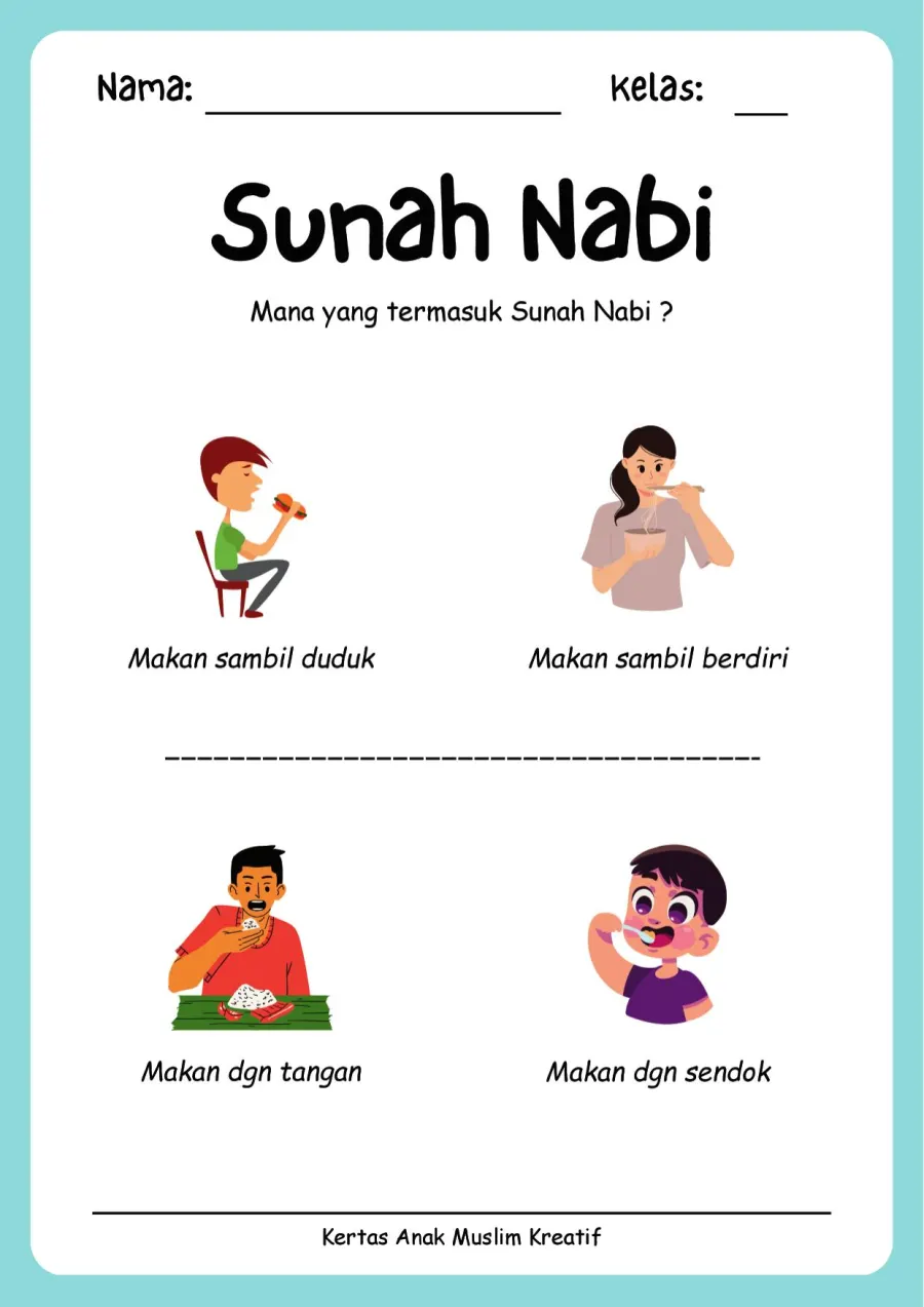 Preview Lembar Kerja PAUD: Membedakan Perilaku Sunah Nabi Adab Makan dan Minum