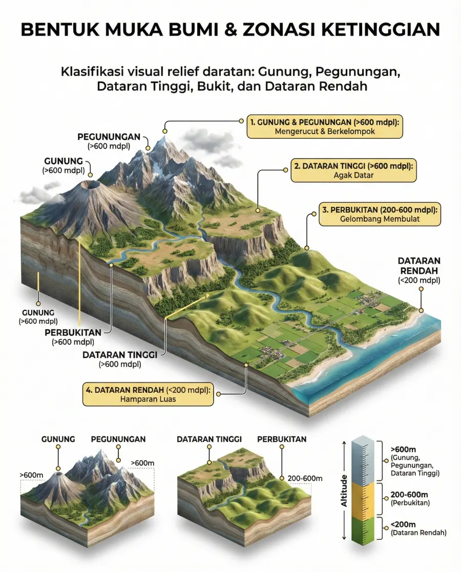 Bentuk Muka Bumi dan Zonasi Ketinggian - Poster / Infografis Umum Diagram & Skema