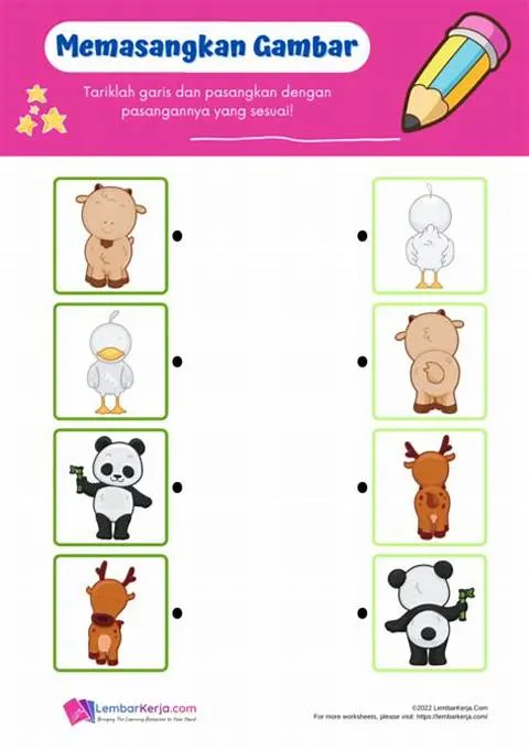 Memasangkan Gambar Benda dengan Pasangannya yang Sesuai - Lembar Kerja TK Menghubungkan (Matching)