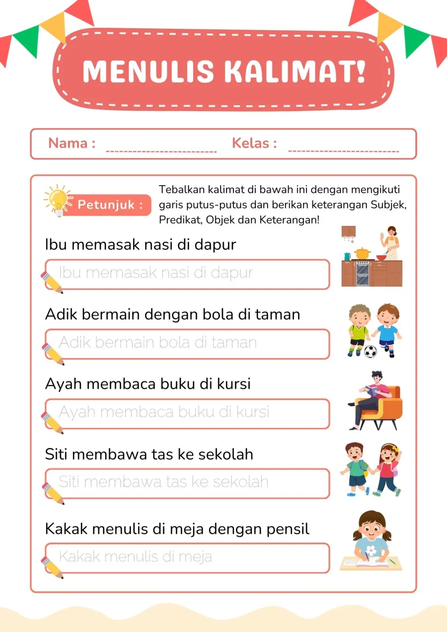 Menulis Kalimat Sederhana Lembar Pertama Latihan Bahasa - Lembar Kerja SD Menulis Kreatif