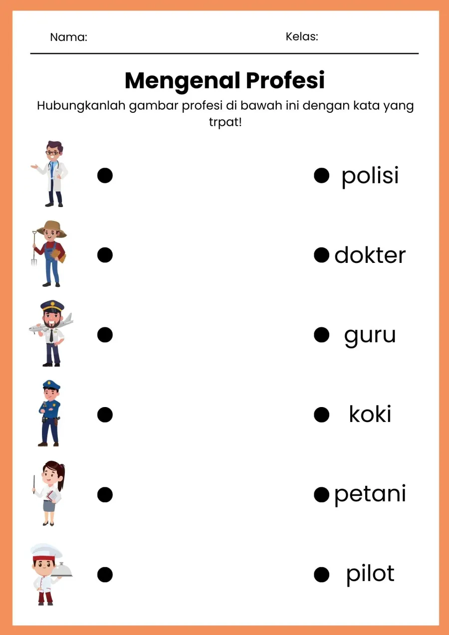 Menghubungkan Gambar Profesi Pekerjaan dengan Kata Nama - Lembar Kerja SD Menghubungkan (Matching)