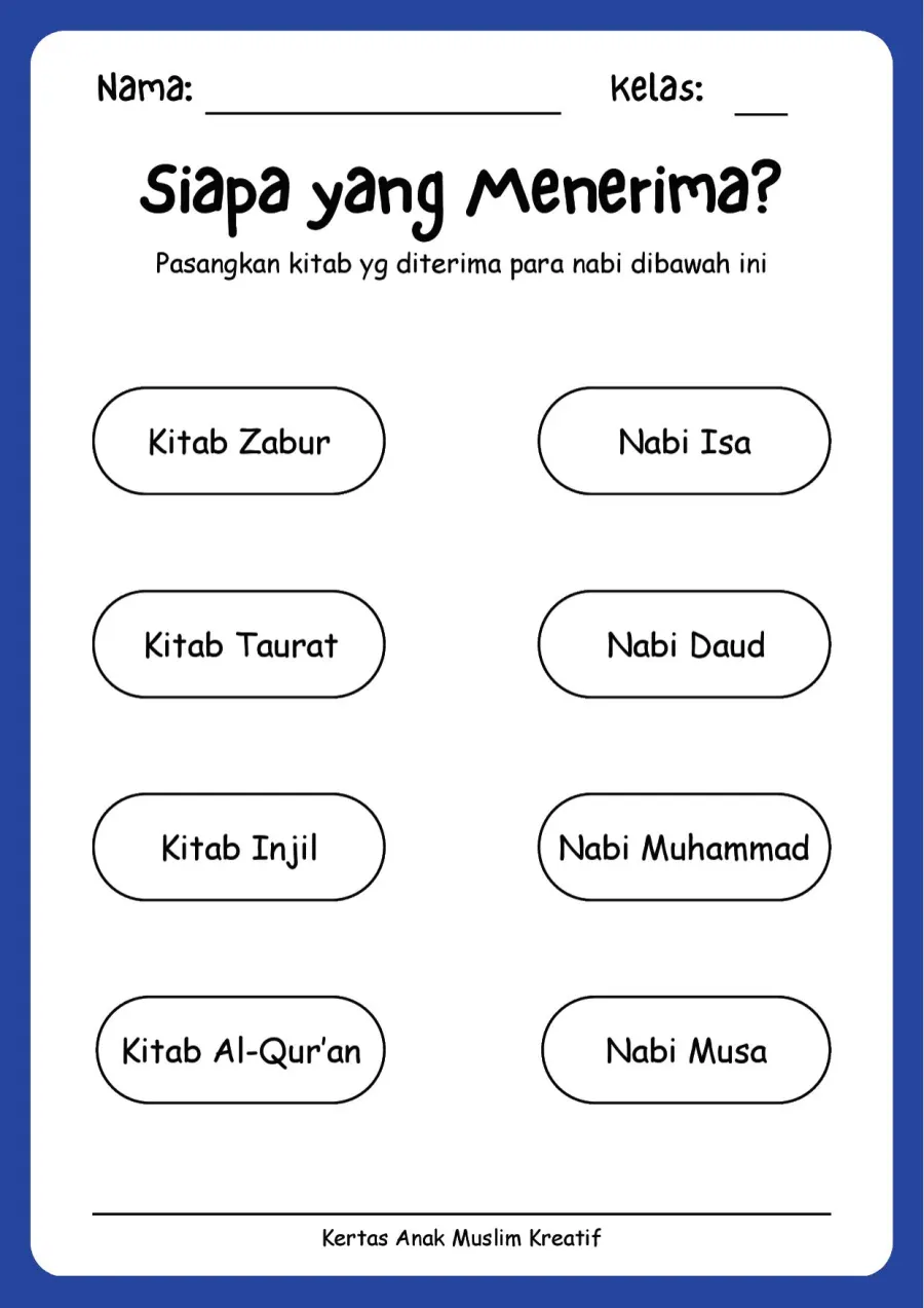 Lembar Kerja PAUD: Menjodohkan Kitab Suci dengan Nabi Penerimanya - Lembar Kerja PAUD Menghubungkan (Matching)