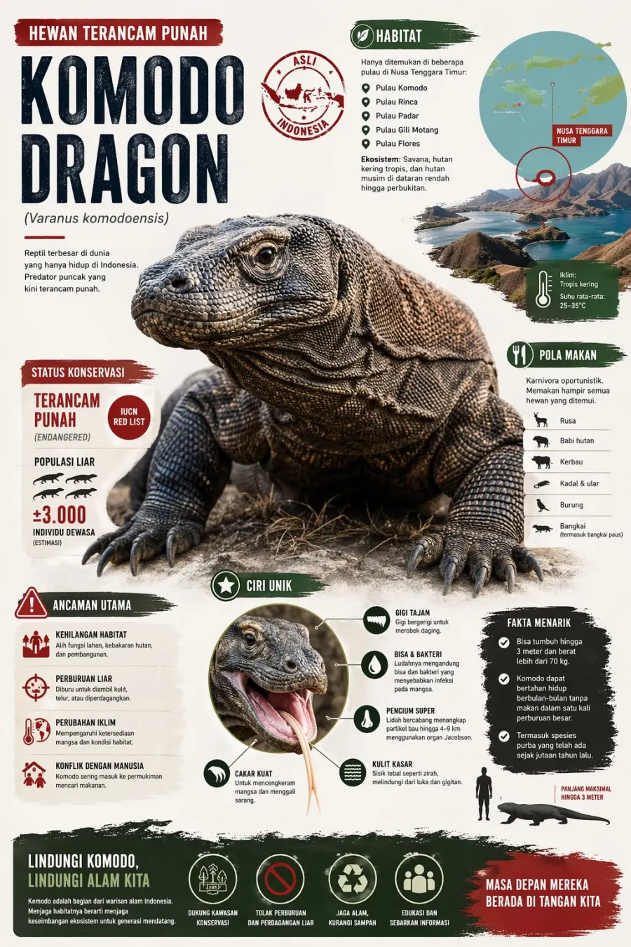 Hewan Terancam Punah Komodo Dragon Predator Puncak Endemik - Poster / Infografis Umum Infografis Lingkungan