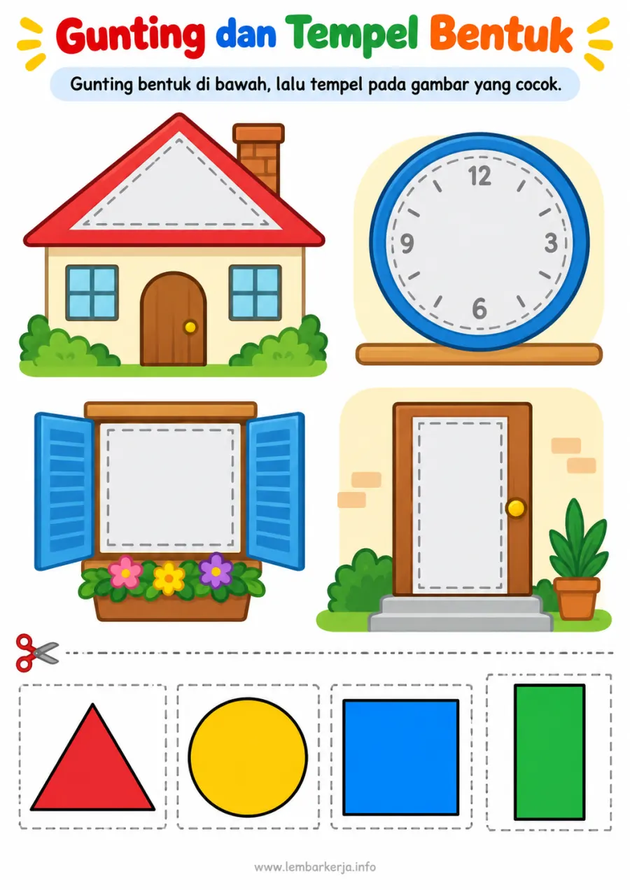 Gunting dan Tempel Bentuk Geometri pada Gambar Rumah - Lembar Kerja TK Motorik Halus (Gunting Tempel)