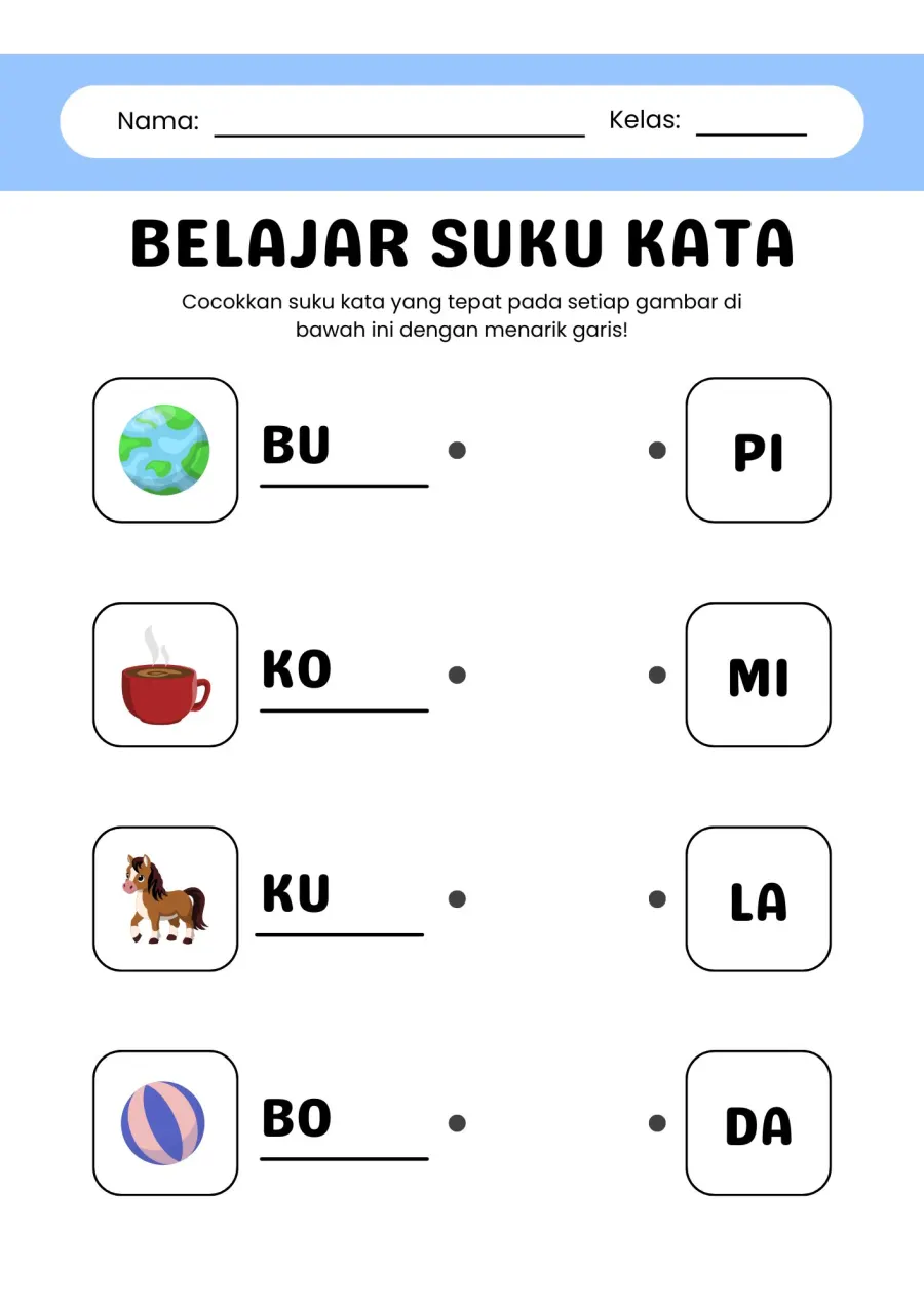 Mencocokkan Suku Kata yang Tepat pada Gambar - Lembar Kerja SD Kosakata / Vocabulary
