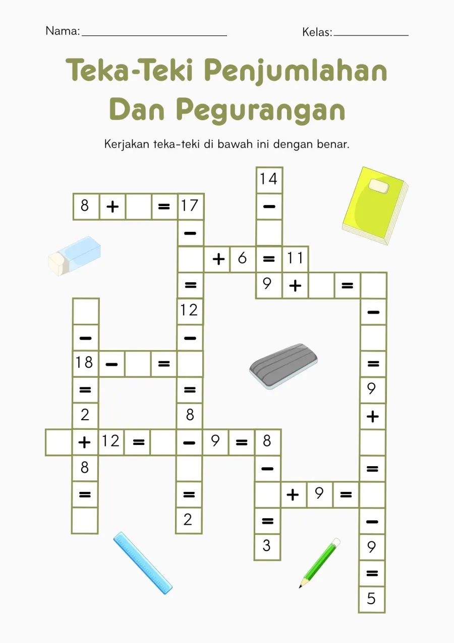 Teka Teki Labirin Penjumlahan dan Pengurangan Berhitung - Lembar Kerja SD Labirin & Puzzle