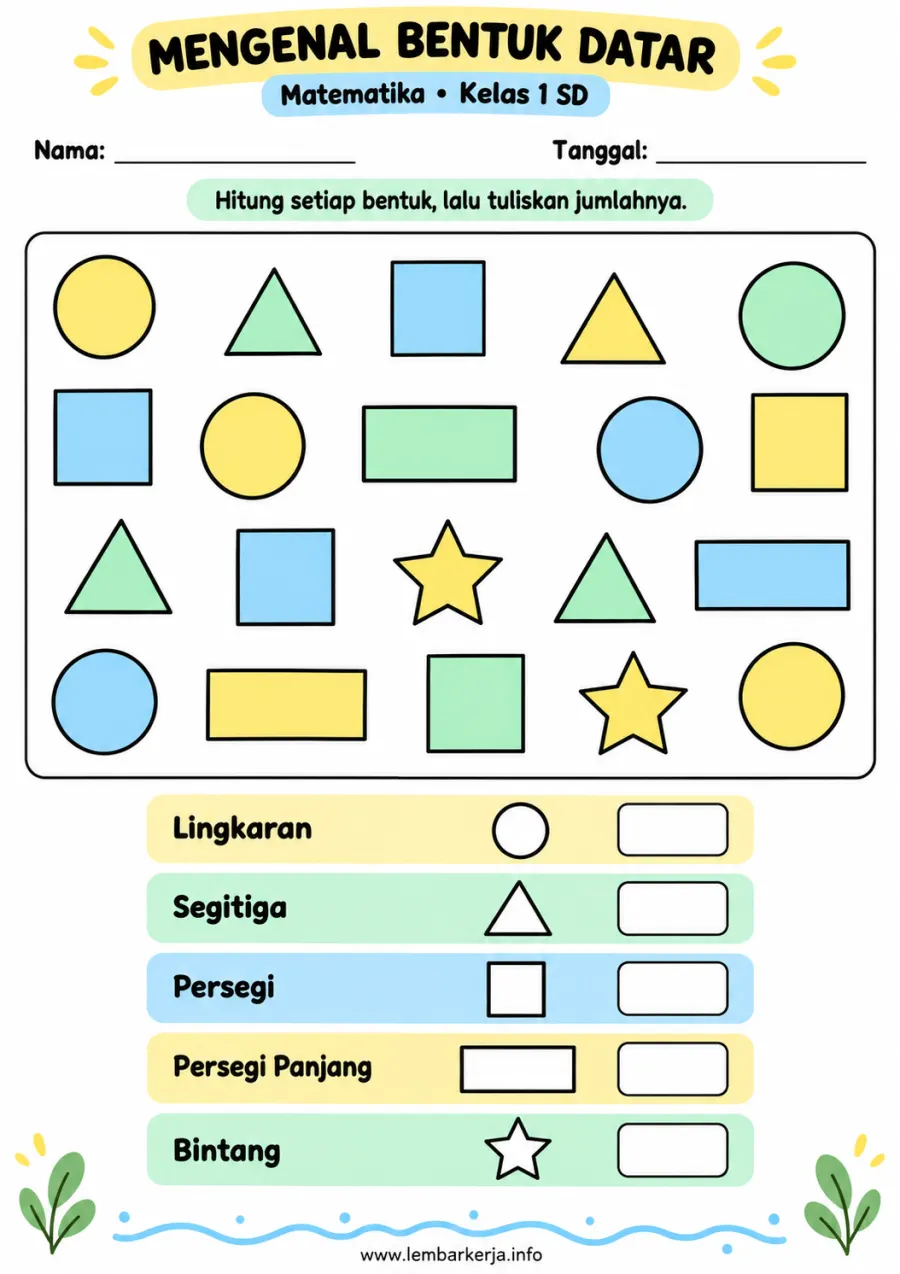 Mengenal Bentuk Datar Menghitung Bangun Geometri - Lembar Kerja SD Mengenal Bentuk & Warna