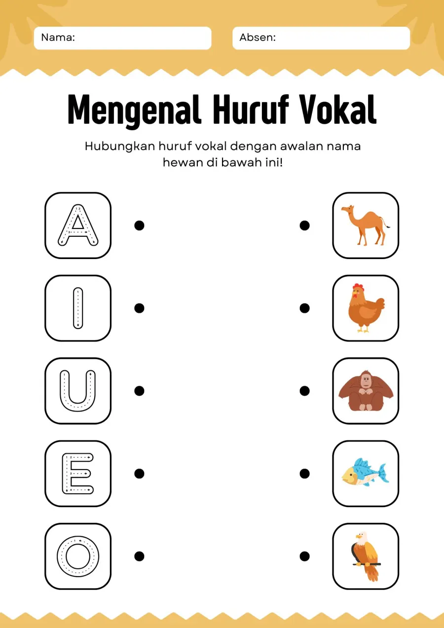 Mengenal Huruf Vokal Menghubungkan dengan Awalan Hewan - Lembar Kerja TK Menghubungkan (Matching)