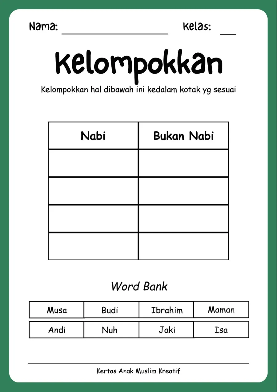 Preview Lembar Kerja PAUD: Mengelompokkan Nama Nabi dan Bukan Nabi