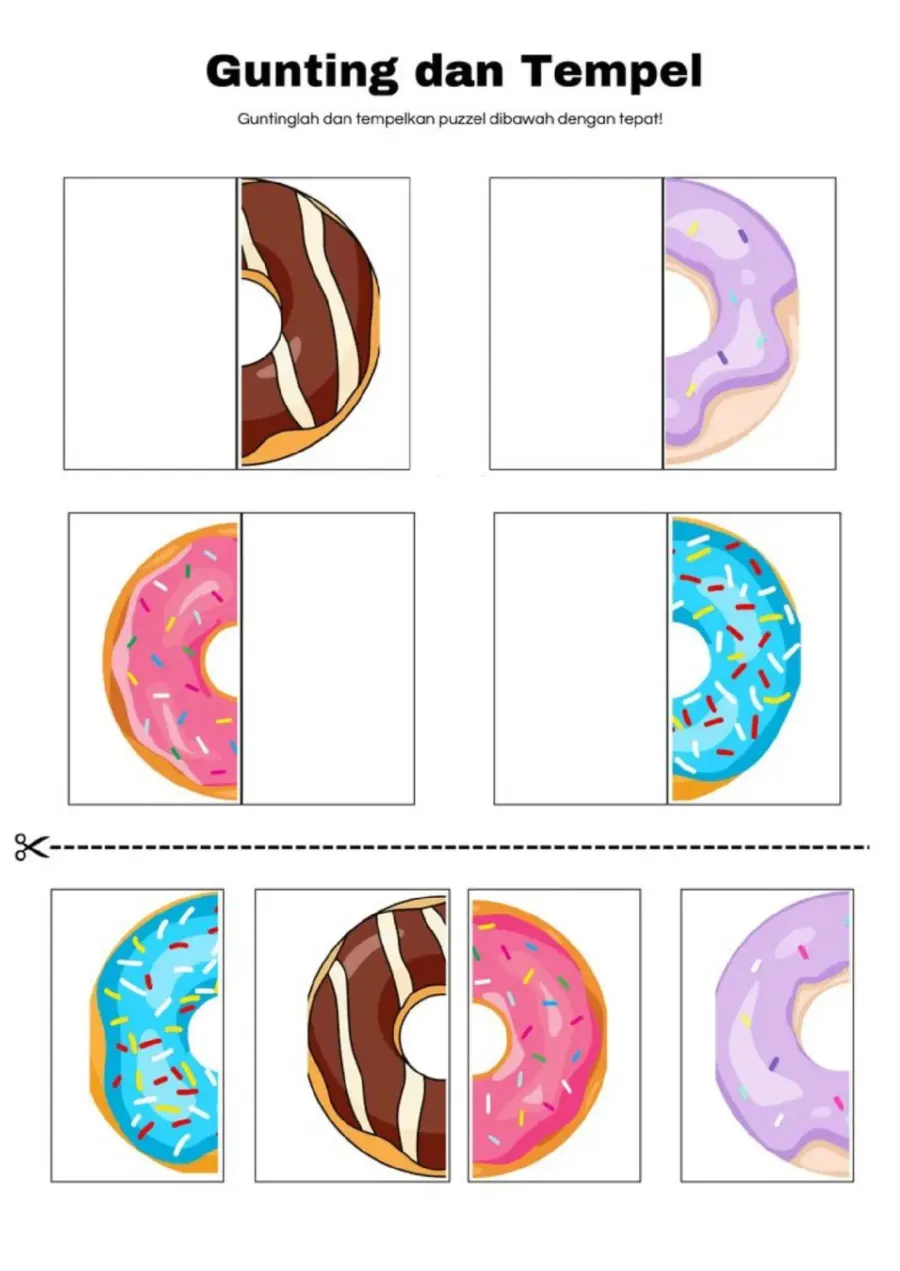Preview Potong dan Tempel Puzzle Kue Donat Berwarna