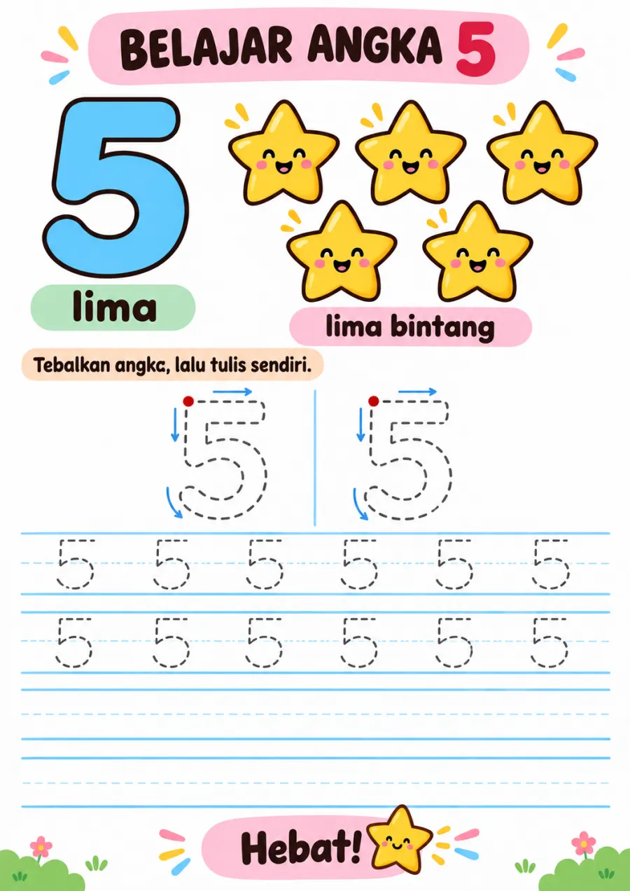 Belajar Menulis dan Menebalkan Angka 5 - Lembar Kerja TK Hitung & Berhitung