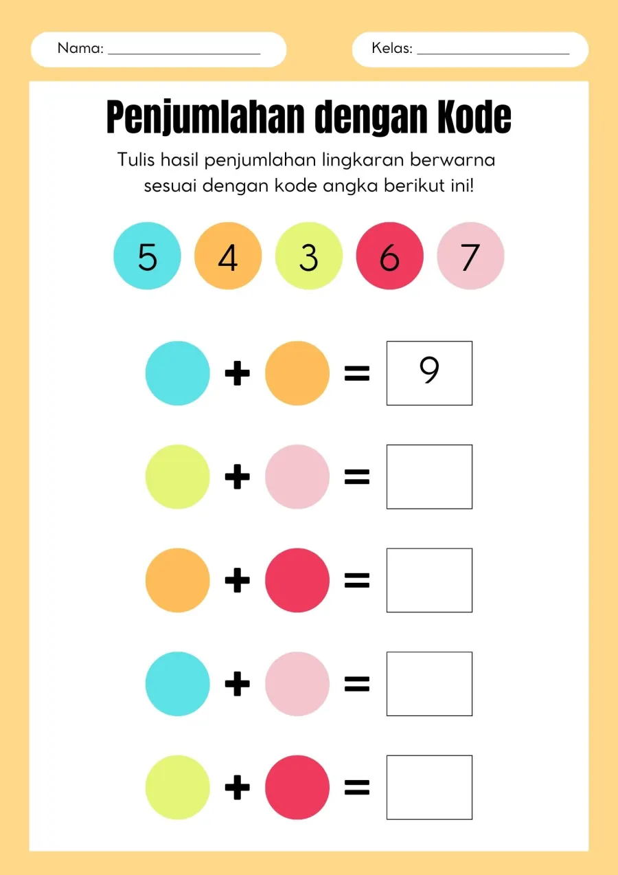 Penjumlahan dengan Kode Warna dan Lingkaran Angka - Lembar Kerja SD Problem Solving