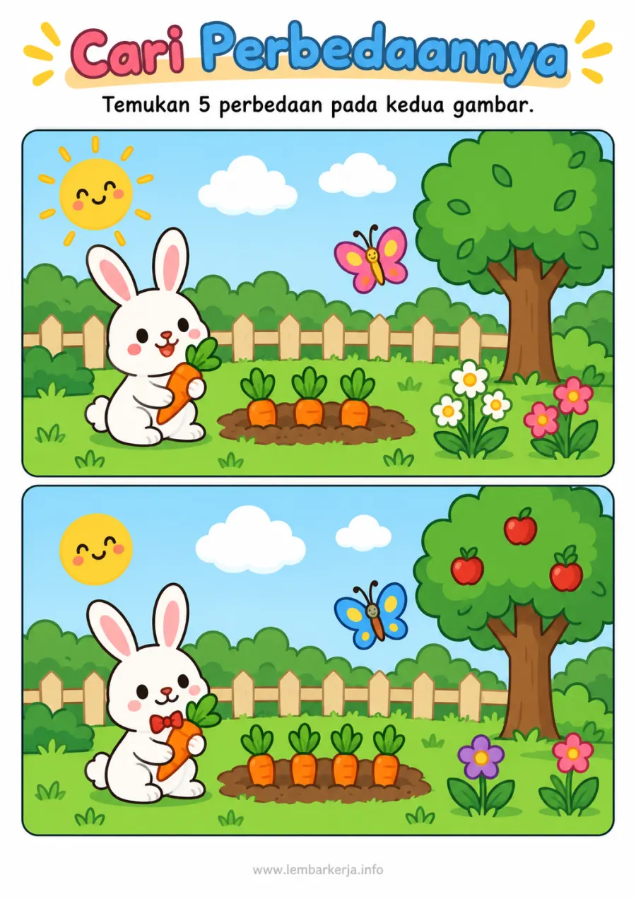 Cari 5 Perbedaan Gambar Kelinci di Kebun Wortel - Lembar Kerja TK Mencari Perbedaan