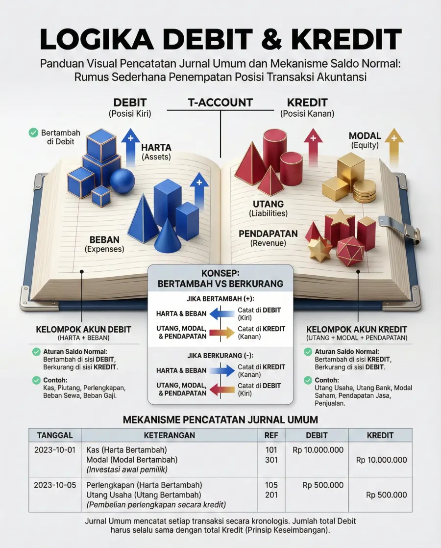 Logika Debit dan Kredit Jurnal Umum Akuntansi - Poster / Infografis Umum Infografis Keuangan & Investasi