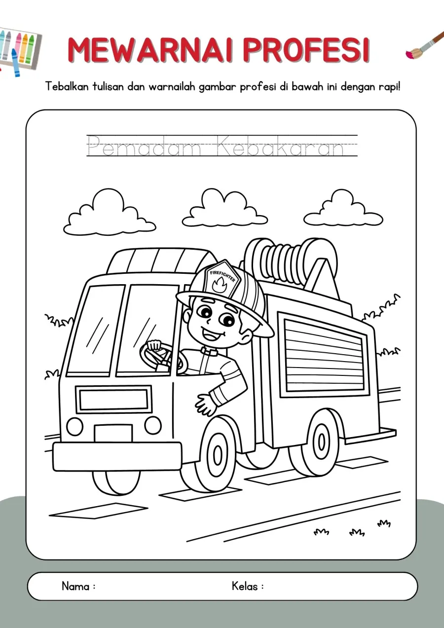 Mewarnai Profesi Pemadam Kebakaran dan Menebalkan Tulisan - Lembar Kerja SD Mewarnai & Gambar