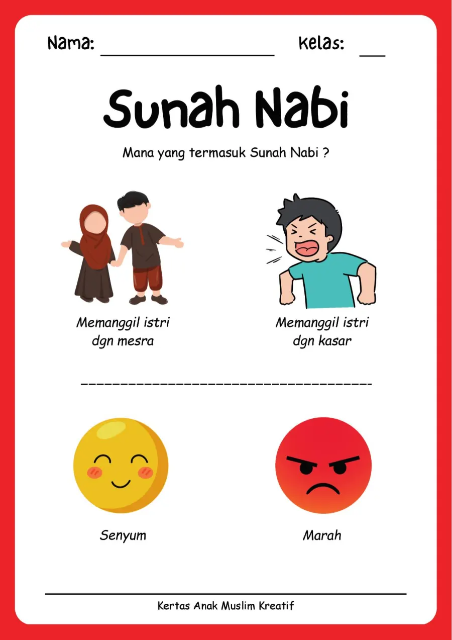 Lembar Kerja PAUD: Membedakan Perilaku Sunah Nabi Adab Keluarga dan Senyum - Lembar Kerja PAUD Sortir & Kategorisasi