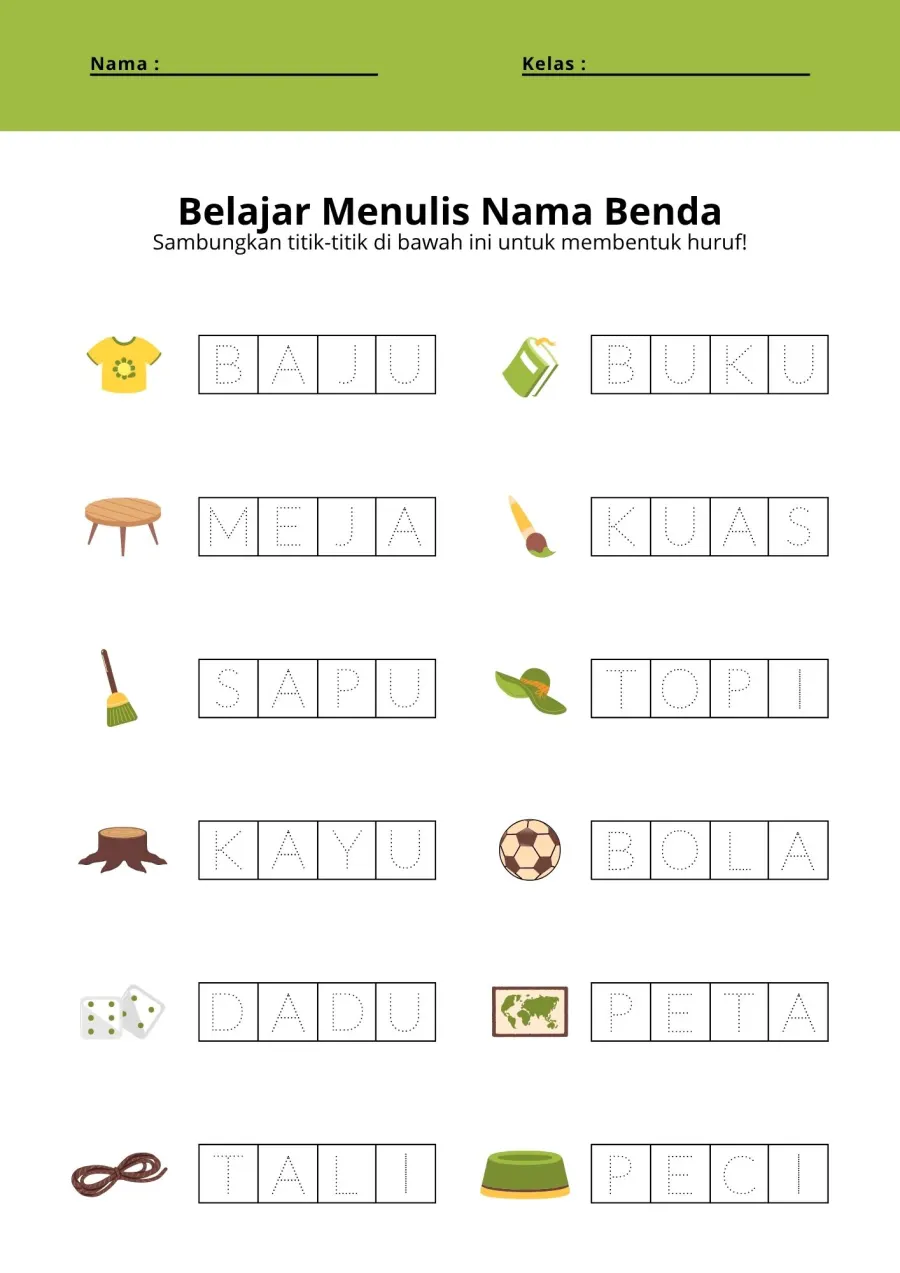 Belajar Menulis Nama Benda Menebalkan Titik Huruf - Lembar Kerja TK Menulis Kreatif