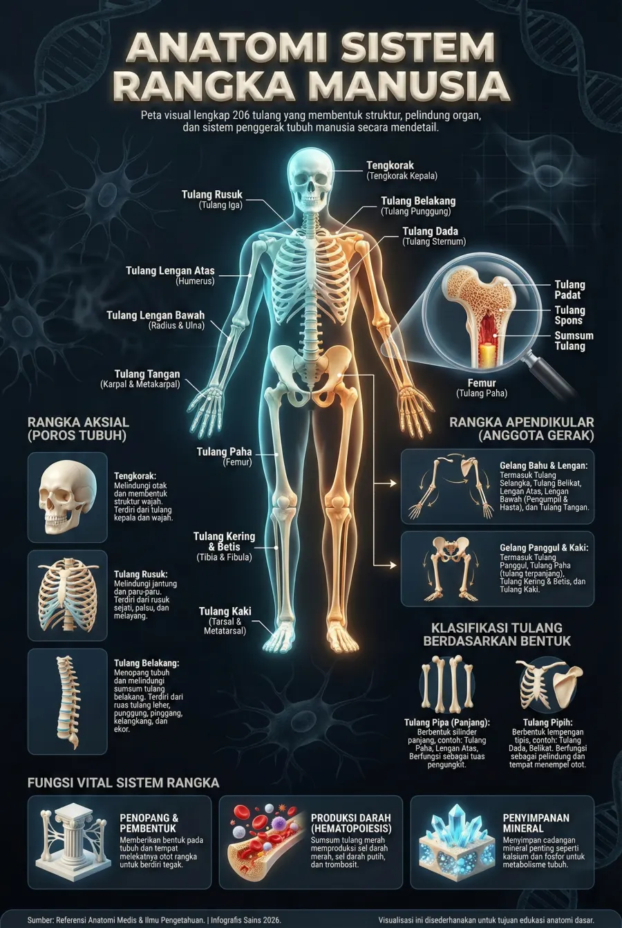 Anatomi Sistem Rangka Manusia 206 Tulang - Poster / Infografis Umum Diagram & Skema