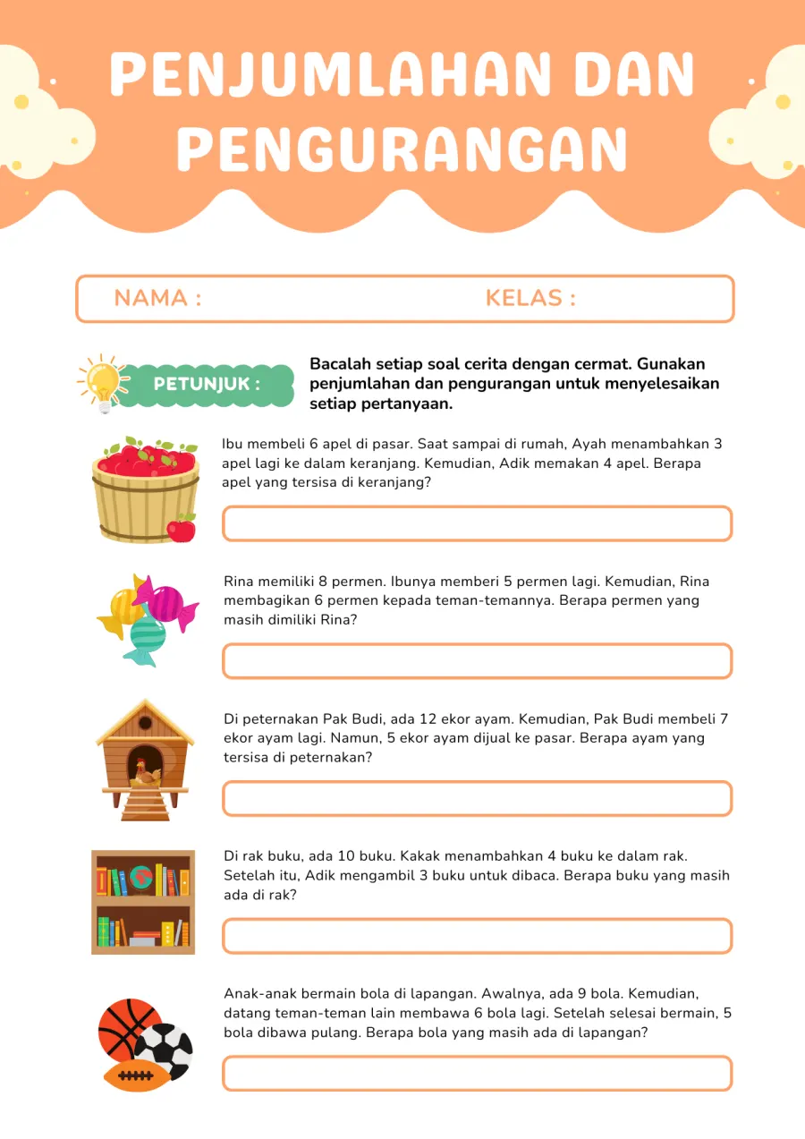 Lembar Kerja Kelas 1 SD: Soal Cerita Penjumlahan dan Pengurangan Kelas 1 Sd - Lembar Kerja SD Hitung & Berhitung