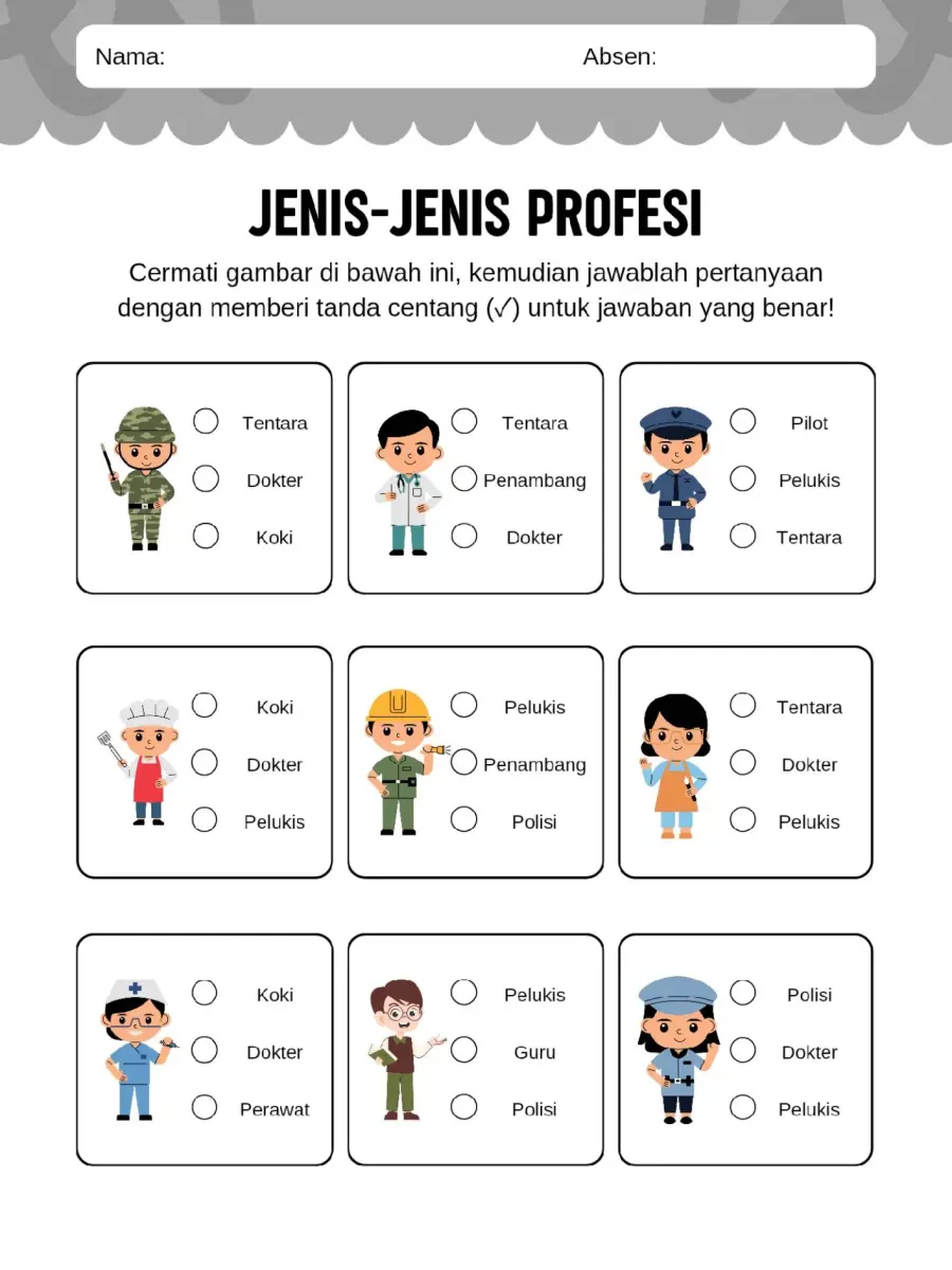 Mengenal Jenis Jenis Profesi Pekerjaan Masyarakat - Lembar Kerja SD Latihan Soal Pilihan Ganda