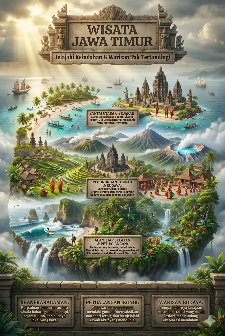Eksplorasi Wisata Jawa Timur Alam Gunung dan Warisan Budaya - Poster / Infografis Umum Infografis Travel & Wisata