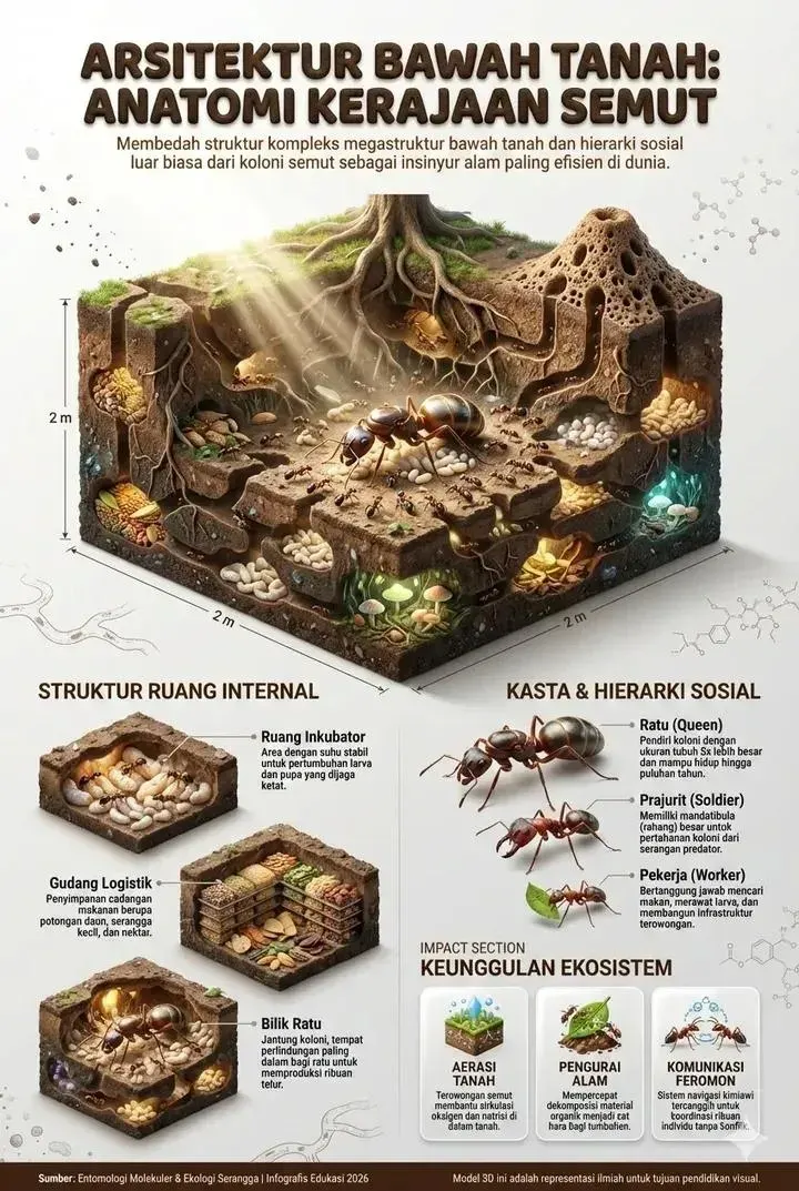 Arsitektur Bawah Tanah Anatomi Sarang dan Kasta Semut - Poster / Infografis Umum Diagram & Skema