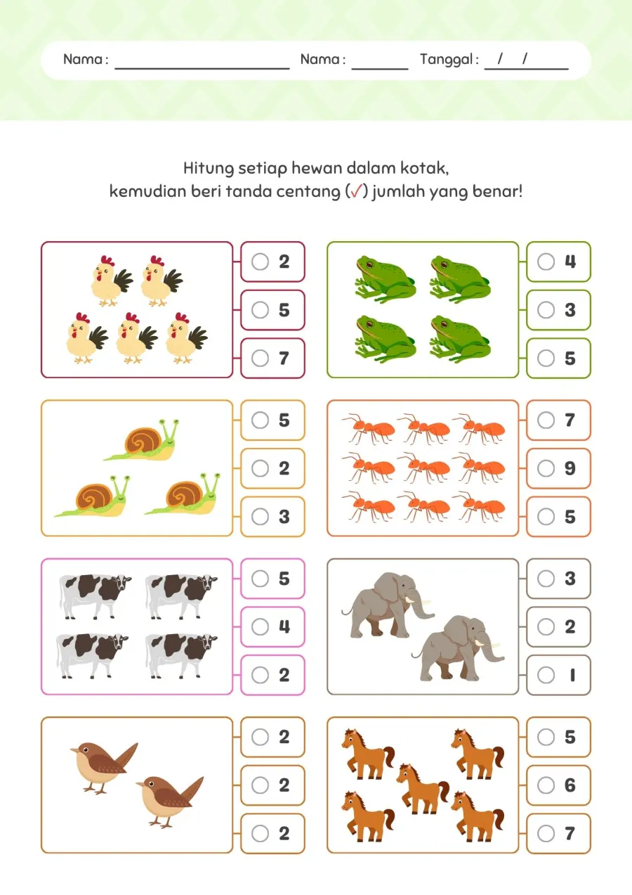 Preview Hitung Setiap Hewan Dalam Kotak dan Centang Jumlah Benar