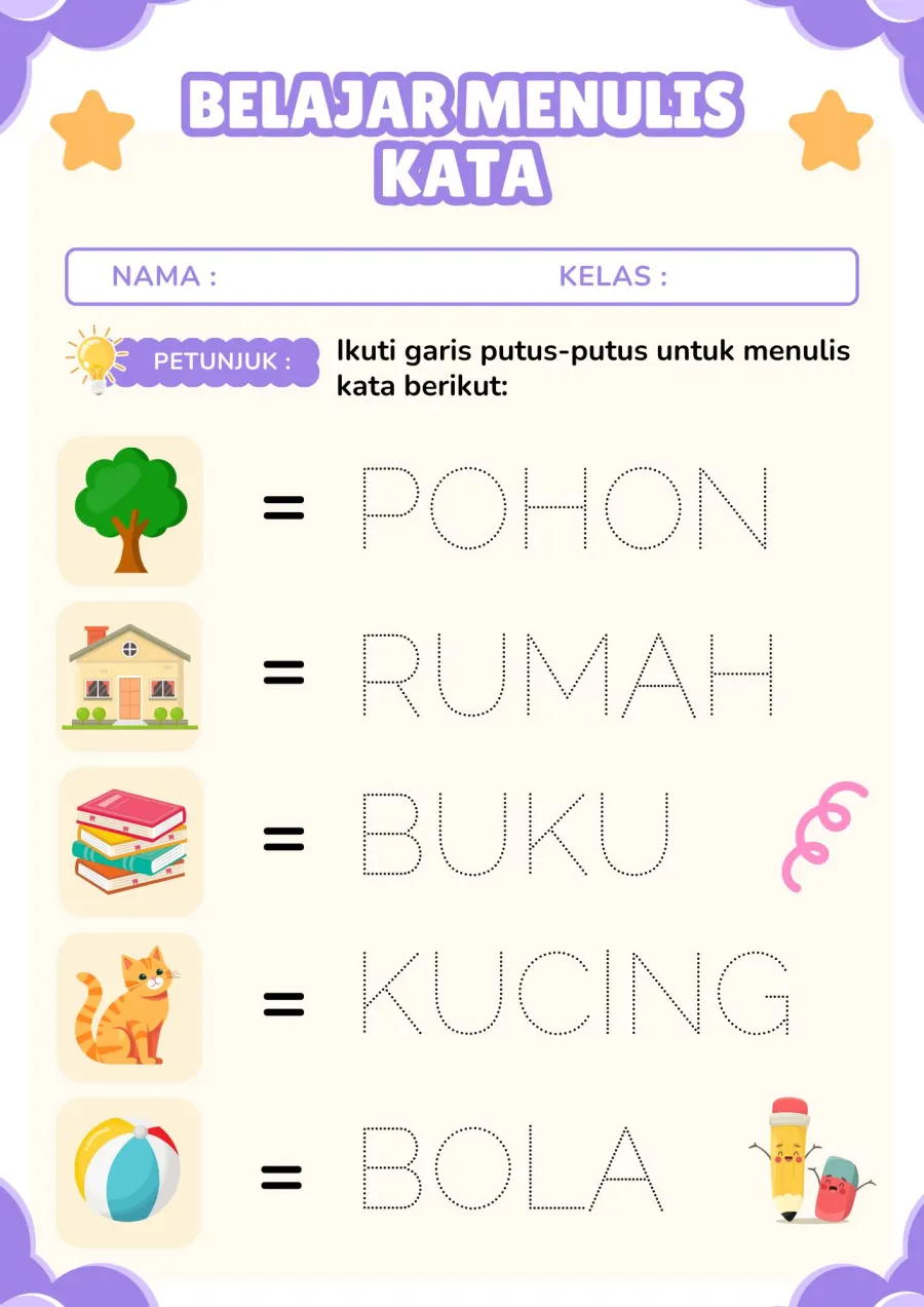 Preview Belajar Menulis Kata Mengikuti Garis Putus Putus