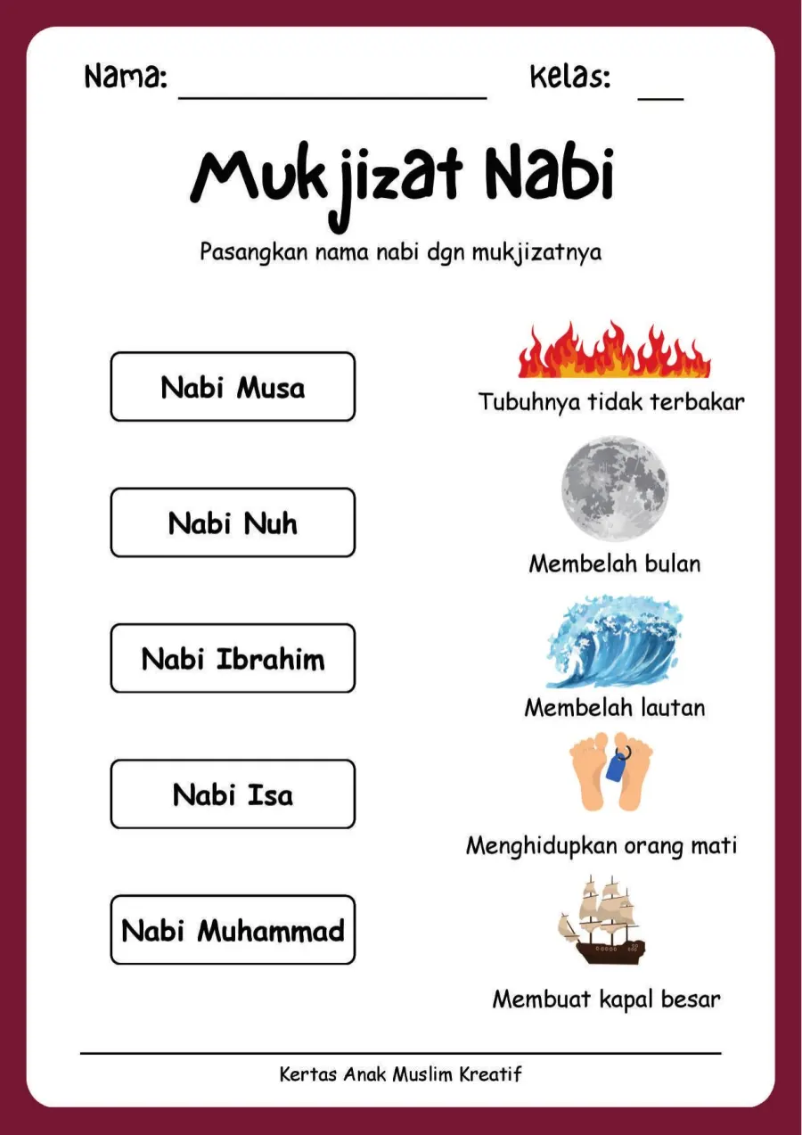 Preview Lembar Kerja PAUD: Menjodohkan Nama Nabi dengan Mukjizat Agungnya