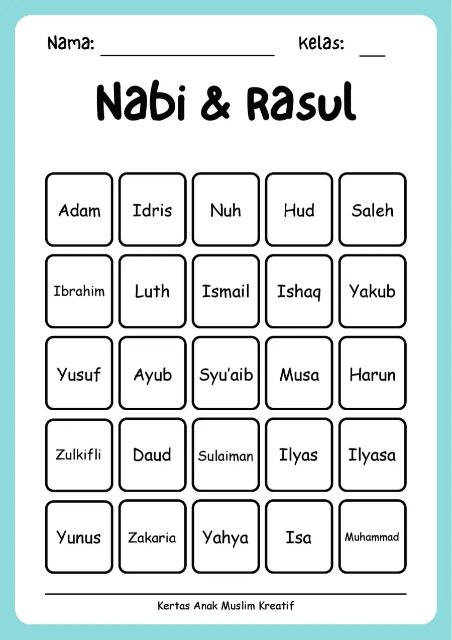 Lembar Kerja PAUD: Mengenal dan Menghafal Lengkap 25 Nama Nabi dan Rasul - Lembar Kerja PAUD Kosakata / Vocabulary