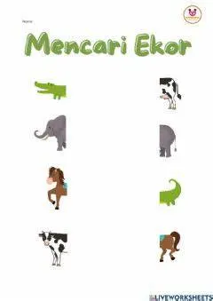 Mencari Ekor Menghubungkan Badan Hewan dengan Ekornya - Lembar Kerja TK Menghubungkan (Matching)