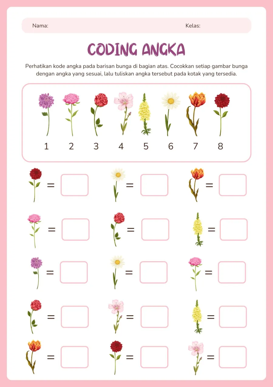 Preview Koding Angka Mencocokkan Gambar Bunga ke Kotak Tersedia