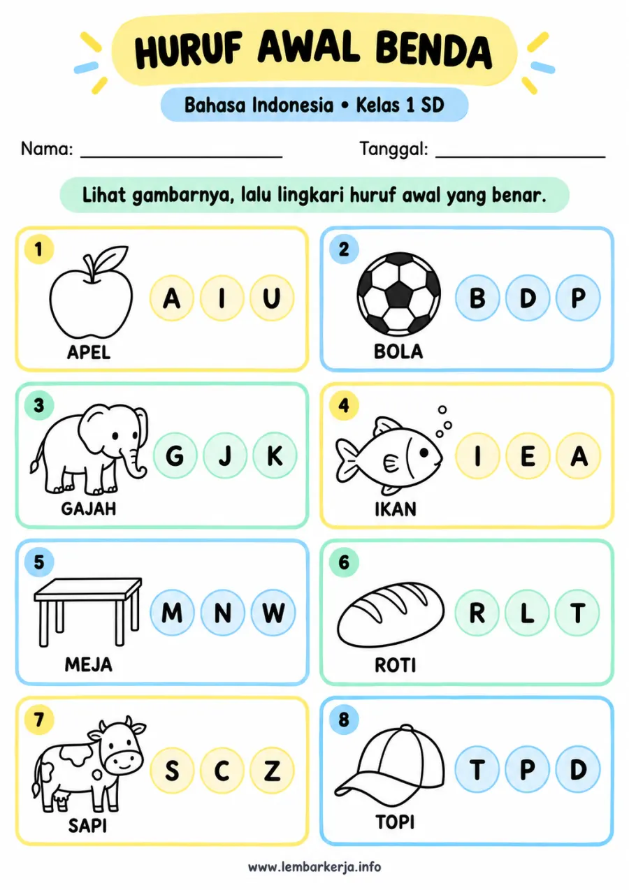Huruf Awal Benda Melingkari Fonik Alfabet Bergambar - Lembar Kerja SD Phonics & Fonik