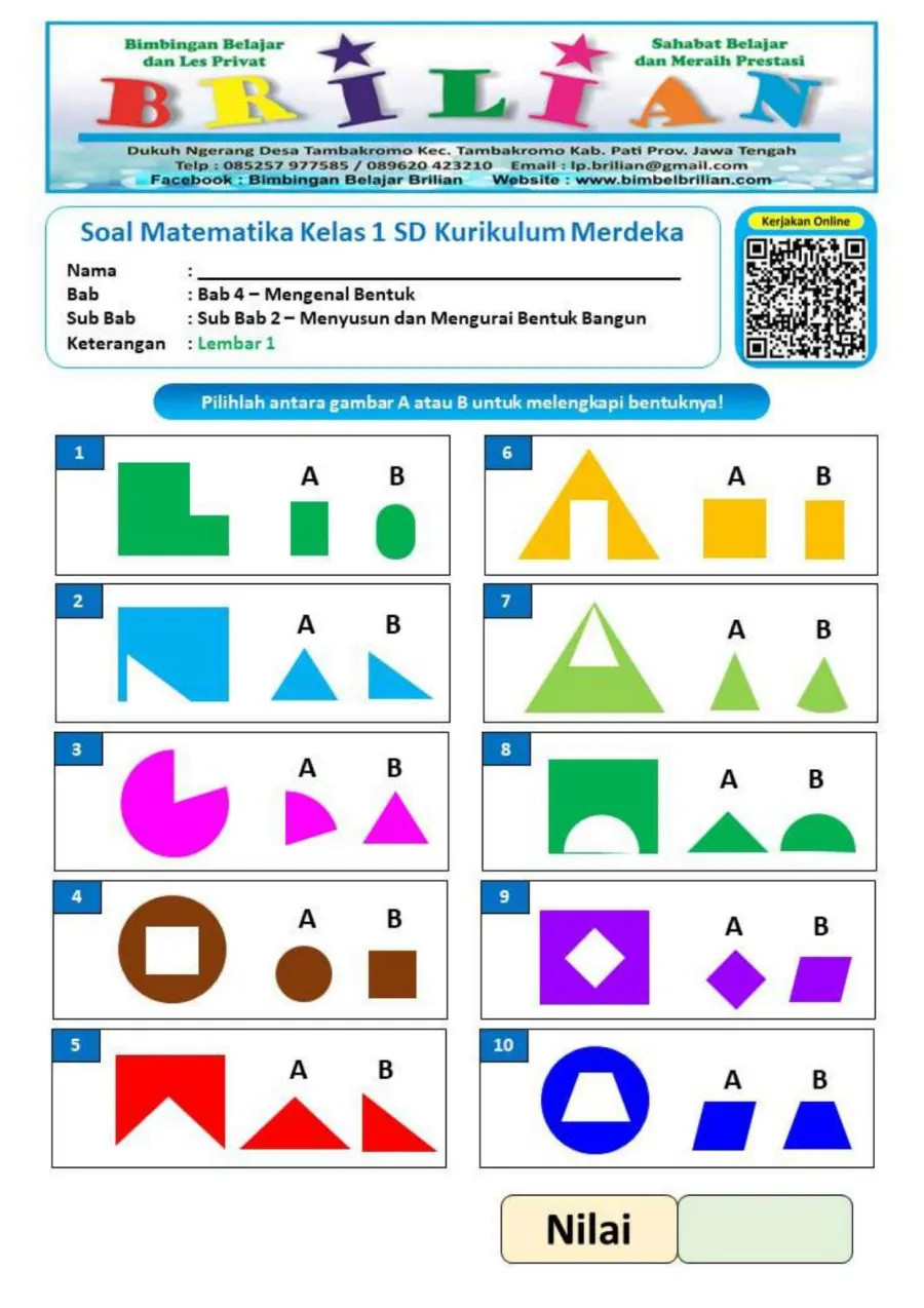 Lembar Kerja Kelas 1 SD: Latihan Soal Matematika Kelas 1 Sd Bab 4 Menyusun dan Mengurai Bentuk - Lembar Kerja SD Mengenal Bentuk & Warna