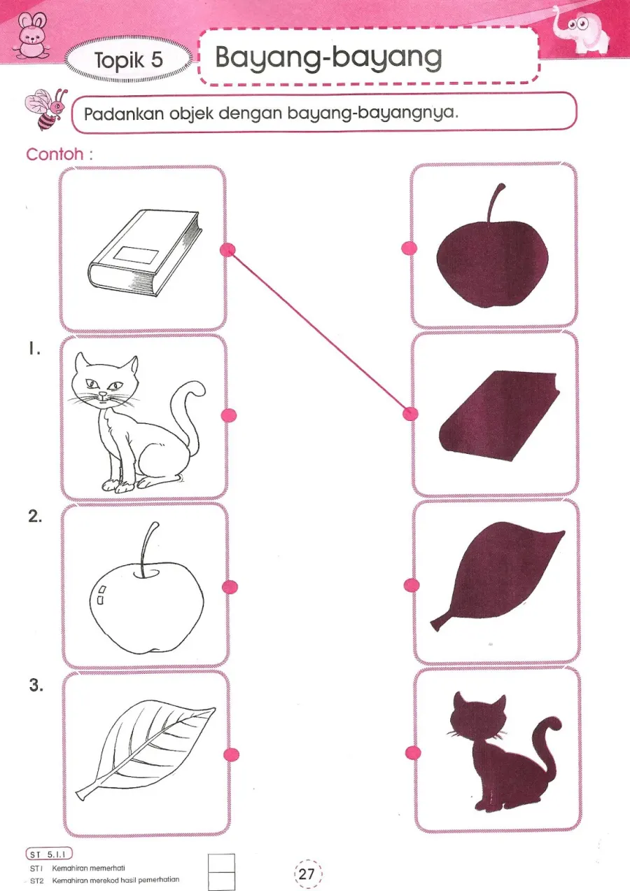 Mencocokkan Objek dengan Bayangannya Topik 5 - Lembar Kerja TK Menghubungkan (Matching)