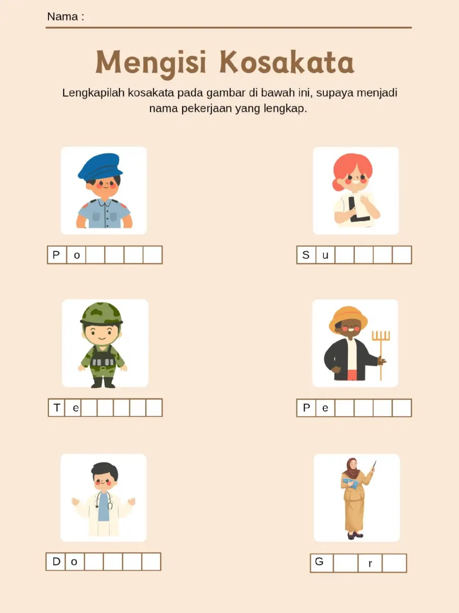 Melengkapi Kosakata Nama Pekerjaan Bergambar - Lembar Kerja SD Kosakata / Vocabulary