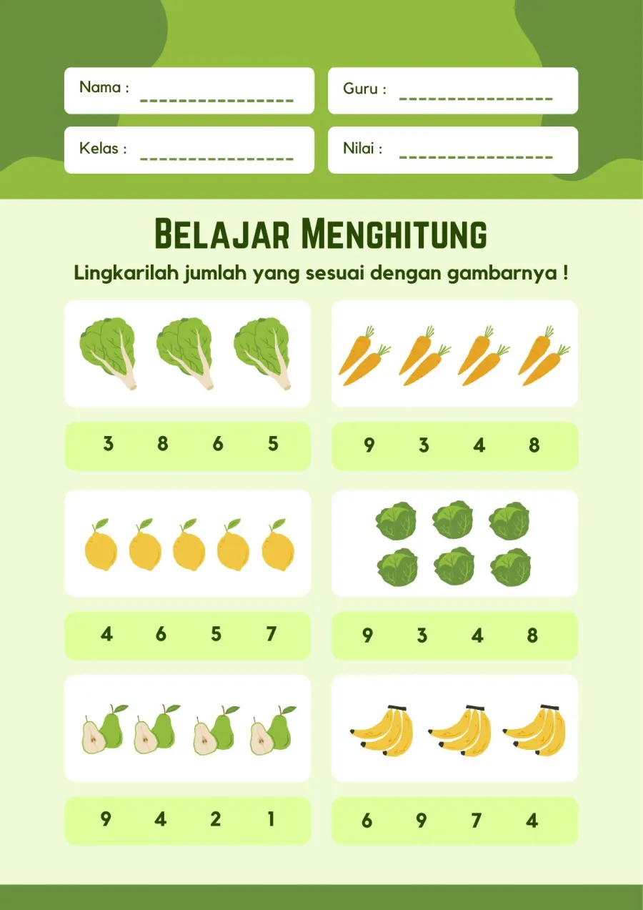 Lembar Kerja PAUD: Menghitung Kelompok Gambar dan Melingkari Angka yang Sesuai - Lembar Kerja PAUD Hitung & Berhitung