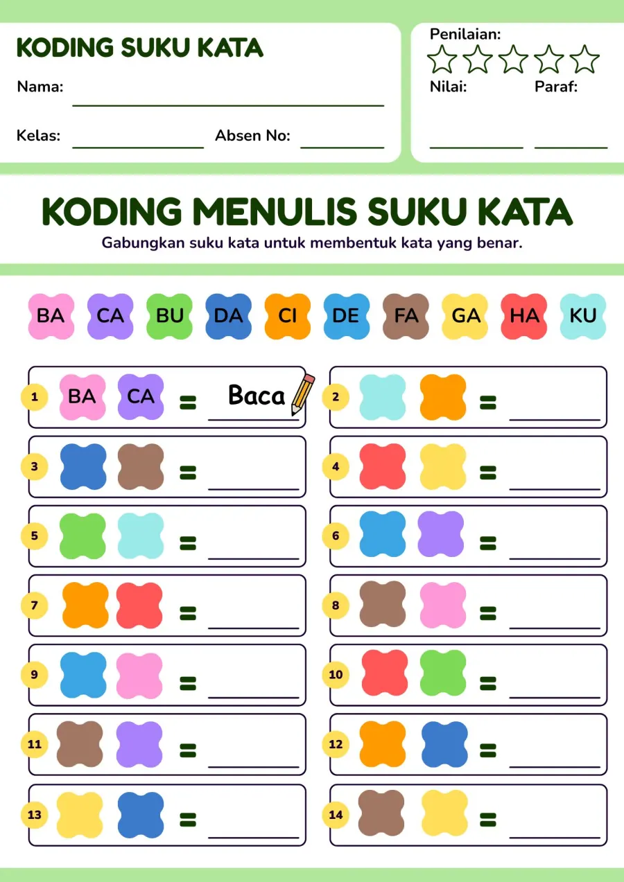 Koding Menulis Suku Kata Menggabungkan Suku Kata Sandi - Lembar Kerja SD Problem Solving