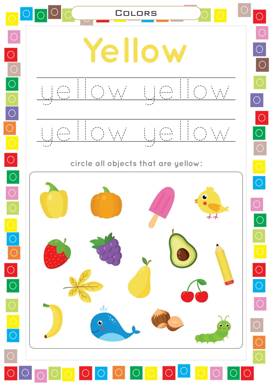 Lembar Kerja PAUD: Mengenal Warna Kuning Yellow Tracing Kata dan Melingkari Benda - Lembar Kerja PAUD Mengenal Bentuk & Warna