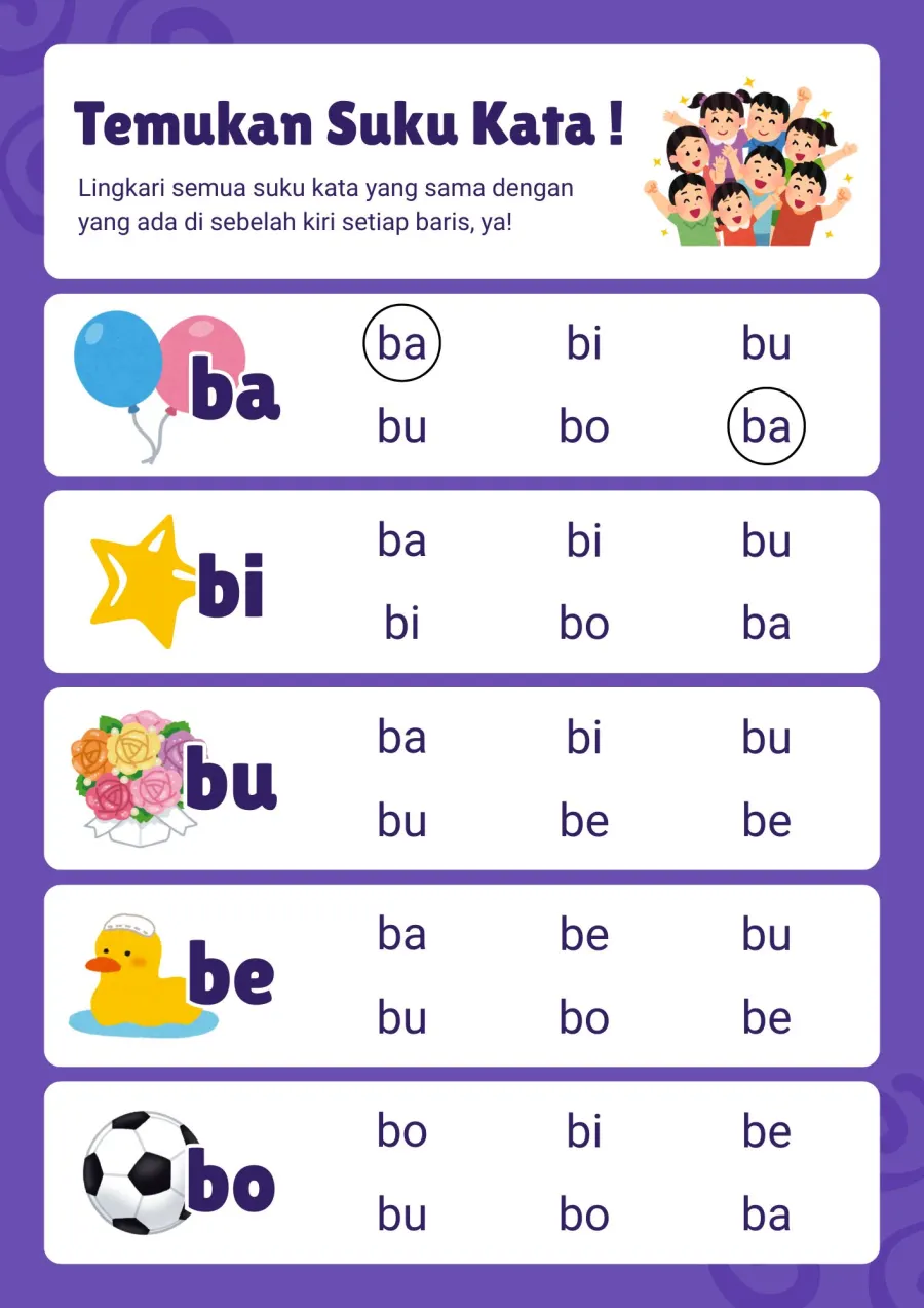 Temukan dan Lingkari Suku Kata yang Sama pada Baris - Lembar Kerja SD Kosakata / Vocabulary