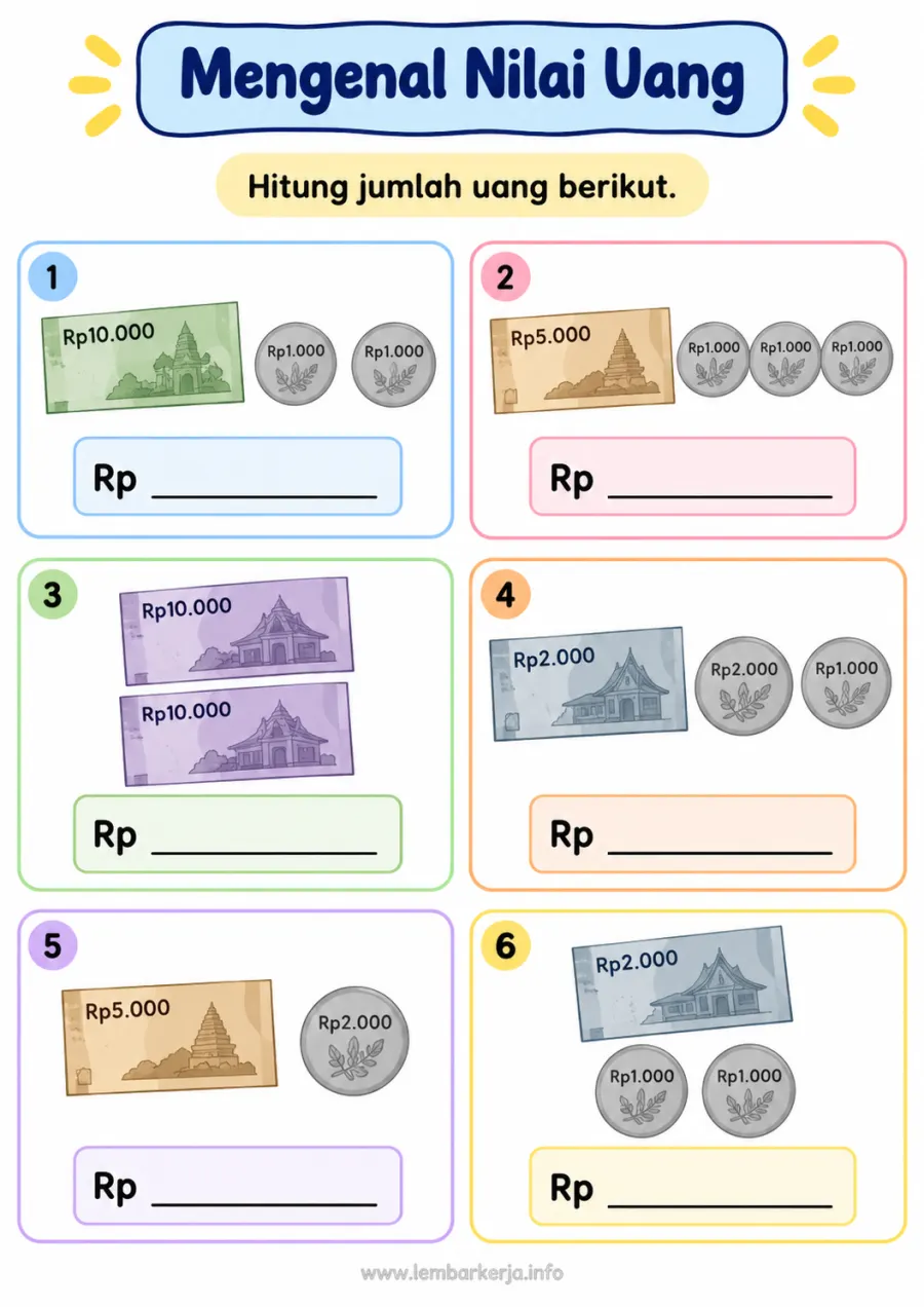 Mengenal Nilai Uang Menghitung Pecahan Rupiah Kertas dan Logam - Lembar Kerja SD Lembar Keuangan Sederhana