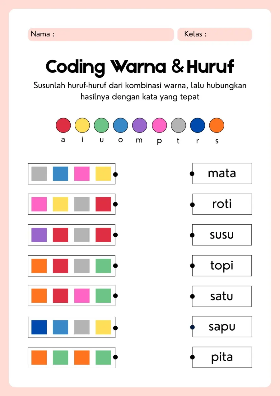Koding Warna dan Huruf Menghubungkan Kata Hasil Sandi - Lembar Kerja SD Problem Solving